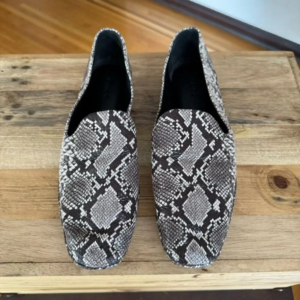 Vince Paz Venetian Grey Cream Genuine Snake Skin Leather Flat Loafers Size 8.5